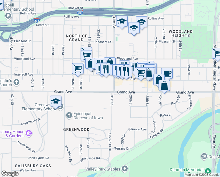 map of restaurants, bars, coffee shops, grocery stores, and more near 3103 Grand Avenue in Des Moines