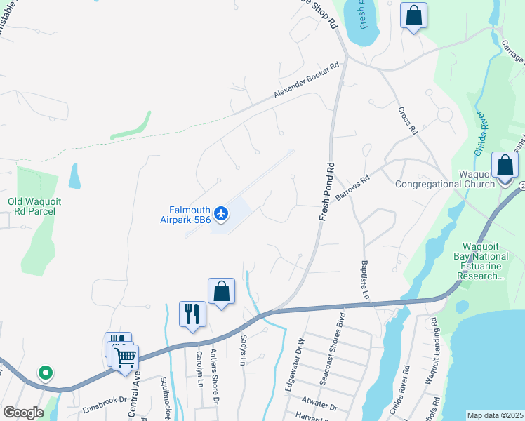 map of restaurants, bars, coffee shops, grocery stores, and more near 51a Airpark Drive in Falmouth