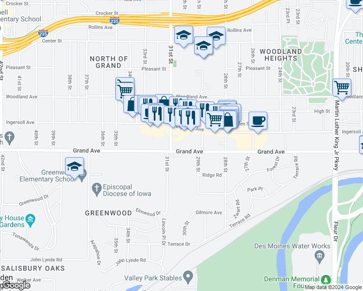 map of restaurants, bars, coffee shops, grocery stores, and more near 3009 Grand Avenue in Des Moines