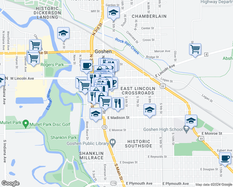 map of restaurants, bars, coffee shops, grocery stores, and more near 202 South 5th Street in Goshen