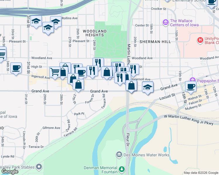 map of restaurants, bars, coffee shops, grocery stores, and more near 2203 Grand Avenue in Des Moines