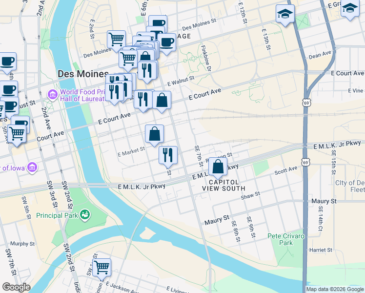 map of restaurants, bars, coffee shops, grocery stores, and more near 201 Southeast 6th Street in Des Moines