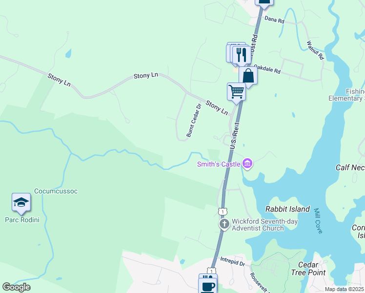 map of restaurants, bars, coffee shops, grocery stores, and more near 149 Burnt Cedar Drive in North Kingstown