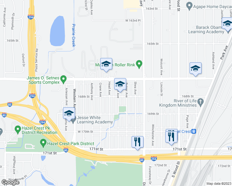 map of restaurants, bars, coffee shops, grocery stores, and more near 16770 Trapet Avenue in Hazel Crest
