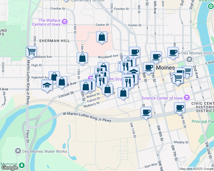 map of restaurants, bars, coffee shops, grocery stores, and more near 1200 Locust Street in Des Moines