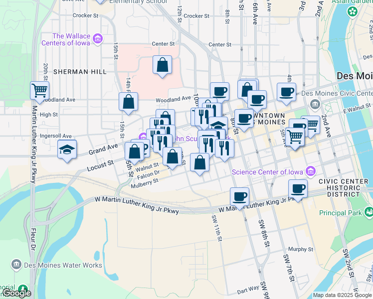 map of restaurants, bars, coffee shops, grocery stores, and more near in Des Moines