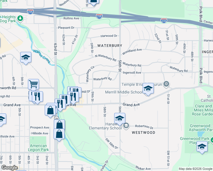 map of restaurants, bars, coffee shops, grocery stores, and more near 5730 Walnut Hill Avenue in Des Moines