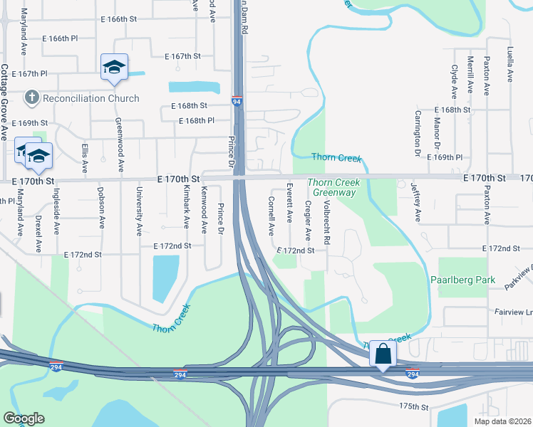 map of restaurants, bars, coffee shops, grocery stores, and more near 17112 Cornell Avenue in South Holland