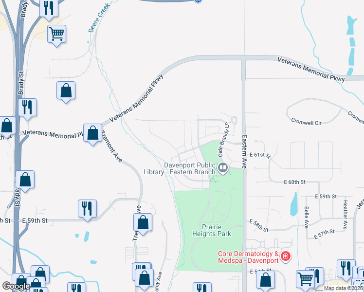 map of restaurants, bars, coffee shops, grocery stores, and more near 6210 College Avenue in Davenport