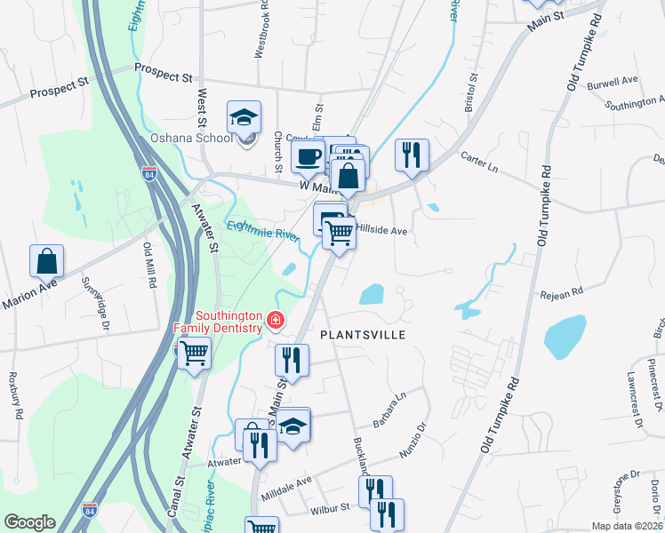 map of restaurants, bars, coffee shops, grocery stores, and more near 876 Main Street in Meriden