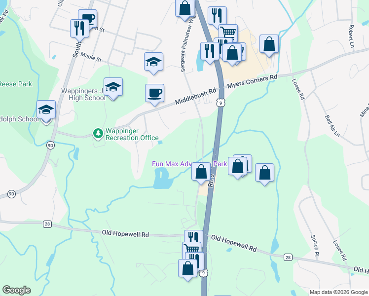 map of restaurants, bars, coffee shops, grocery stores, and more near 566 Old State Road East in Wappingers Falls