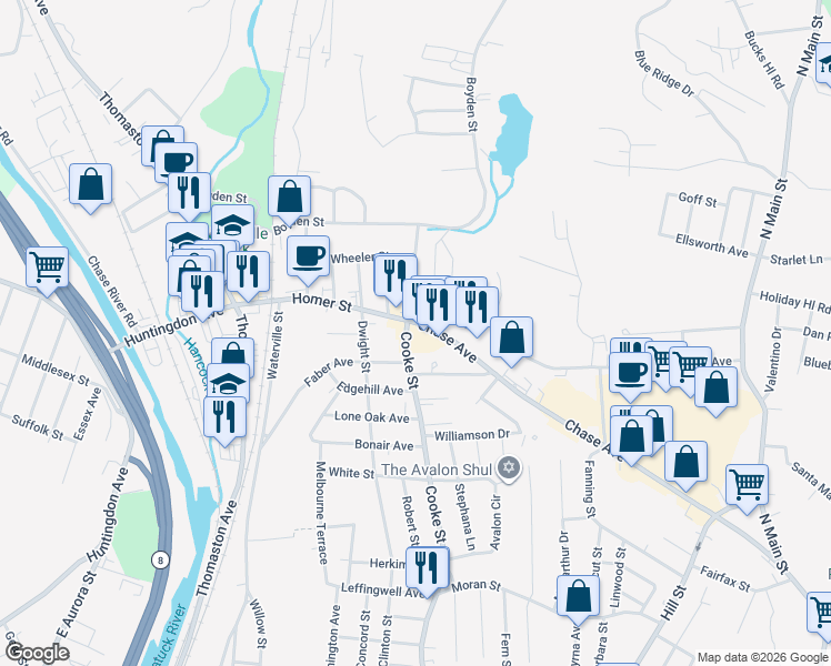map of restaurants, bars, coffee shops, grocery stores, and more near 992 Cooke Street in Waterbury
