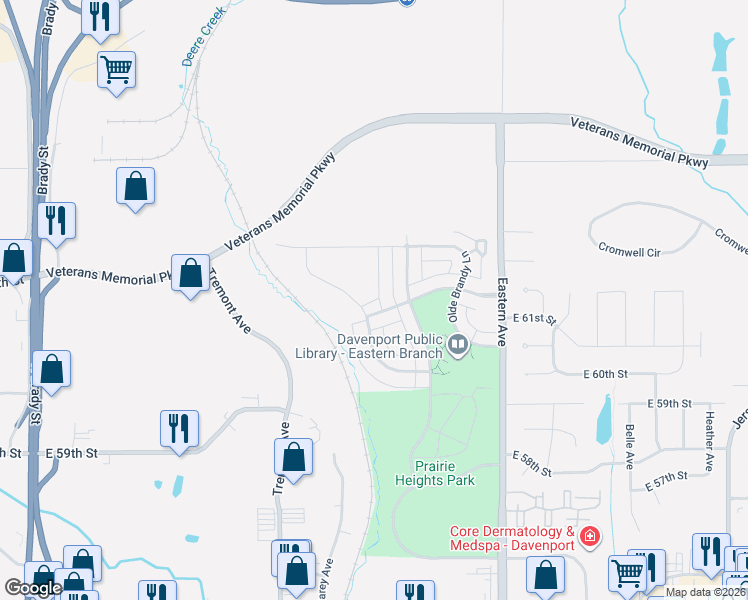 map of restaurants, bars, coffee shops, grocery stores, and more near 6210 College Avenue in Davenport