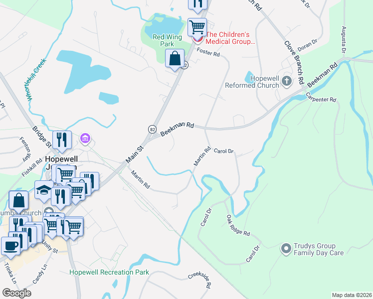 map of restaurants, bars, coffee shops, grocery stores, and more near 10 Angela Court in Hopewell Junction
