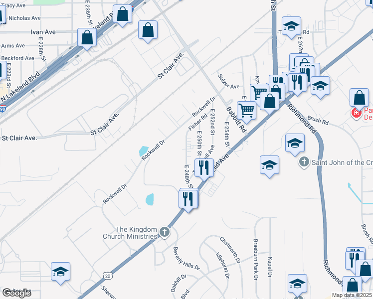 map of restaurants, bars, coffee shops, grocery stores, and more near 1498 East 248th Street in Euclid