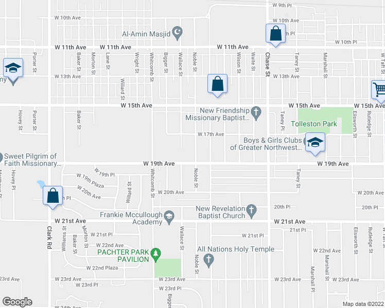 map of restaurants, bars, coffee shops, grocery stores, and more near 1768 Noble Street in Gary