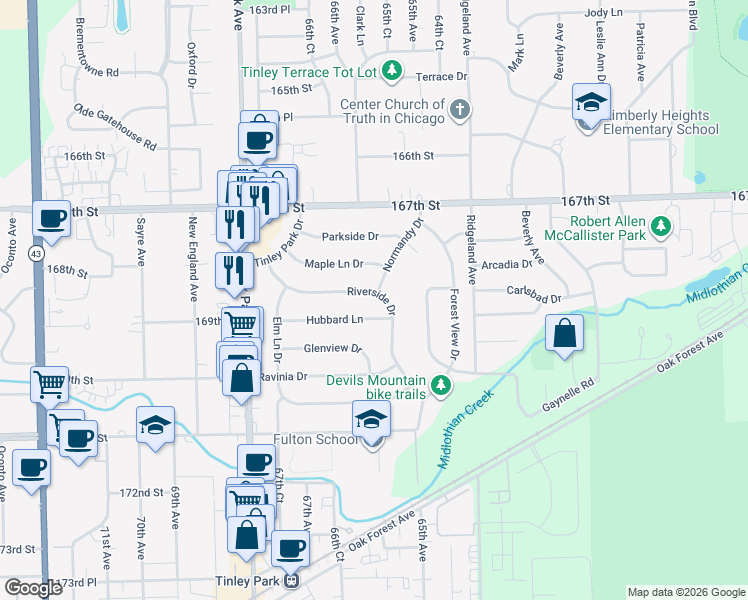 map of restaurants, bars, coffee shops, grocery stores, and more near 16846 Riverside Drive in Tinley Park