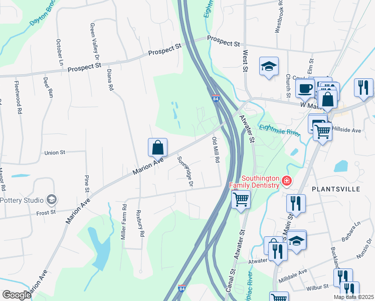 map of restaurants, bars, coffee shops, grocery stores, and more near 184 Marion Avenue in Southington