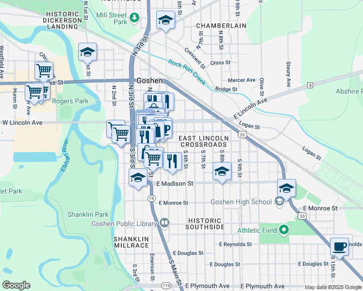 map of restaurants, bars, coffee shops, grocery stores, and more near 211 South 6th Street in Goshen