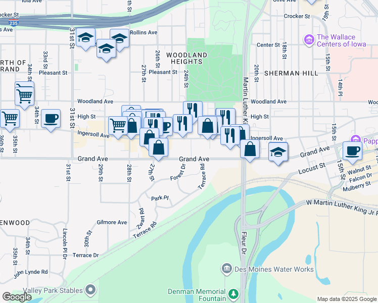 map of restaurants, bars, coffee shops, grocery stores, and more near 2323 Grand Avenue in Des Moines