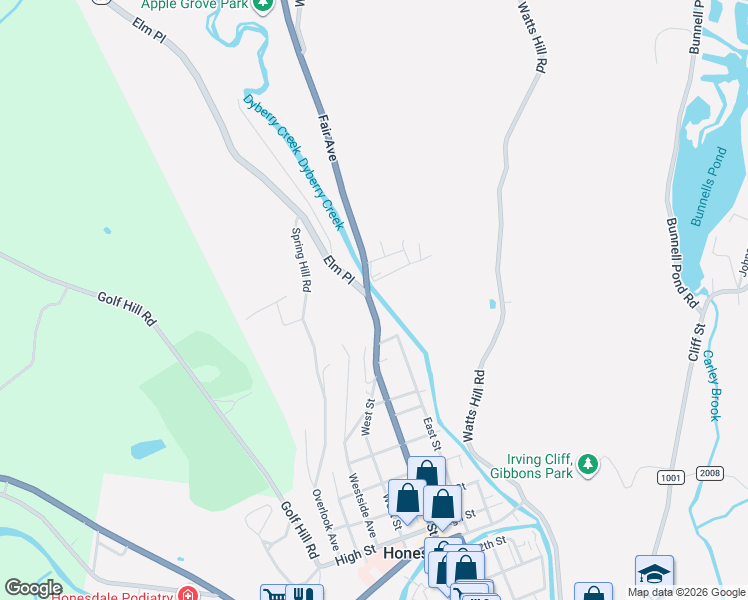 map of restaurants, bars, coffee shops, grocery stores, and more near 1774 Main Street in Honesdale