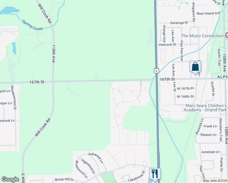map of restaurants, bars, coffee shops, grocery stores, and more near 16800 Rainbow Circle in Orland Park