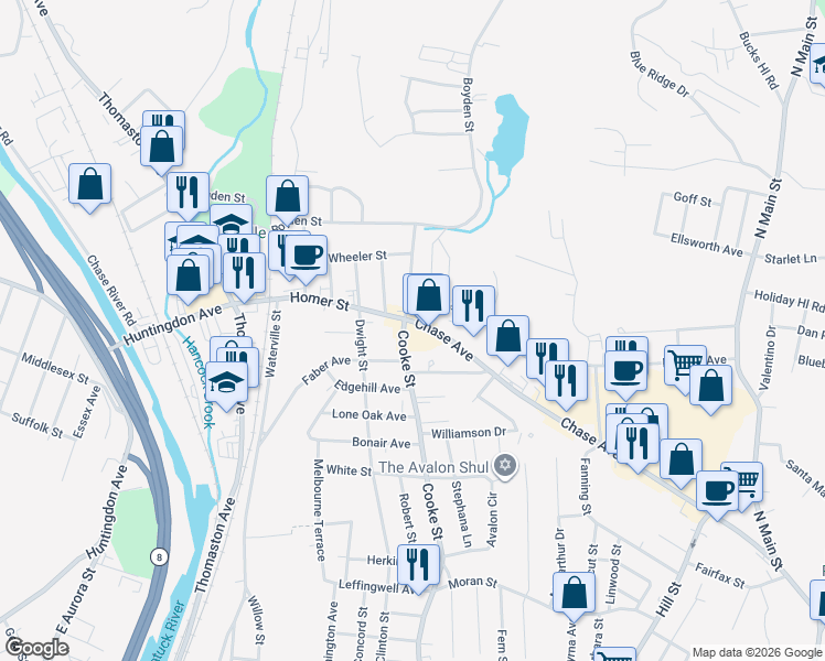 map of restaurants, bars, coffee shops, grocery stores, and more near 992 Cooke Street in Waterbury