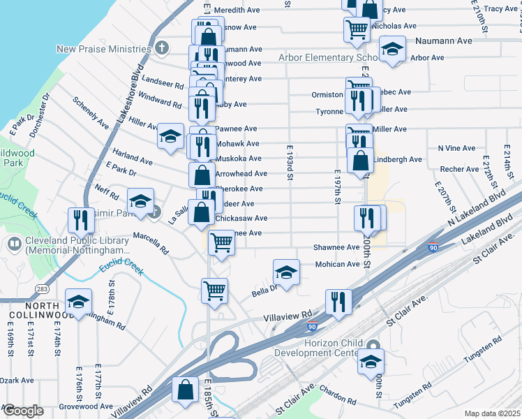 map of restaurants, bars, coffee shops, grocery stores, and more near 19014 Chickasaw Avenue in Cleveland