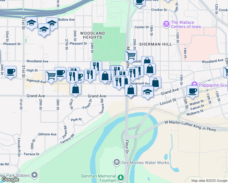 map of restaurants, bars, coffee shops, grocery stores, and more near 2137 Grand Avenue in Des Moines