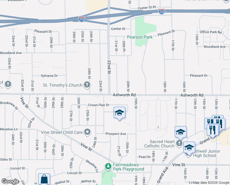 map of restaurants, bars, coffee shops, grocery stores, and more near 2104 Ashworth Road in West Des Moines