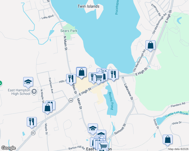 map of restaurants, bars, coffee shops, grocery stores, and more near 60 Mallard Cove in East Hampton