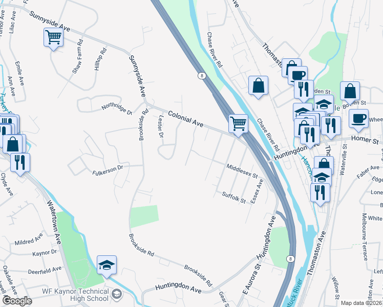 map of restaurants, bars, coffee shops, grocery stores, and more near 245 Colonial Avenue in Waterbury