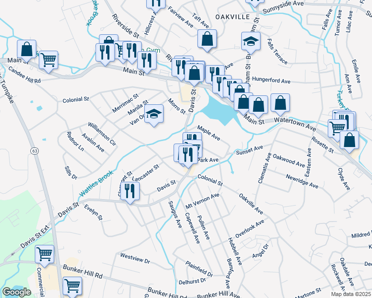 map of restaurants, bars, coffee shops, grocery stores, and more near 172 Davis Street in Watertown