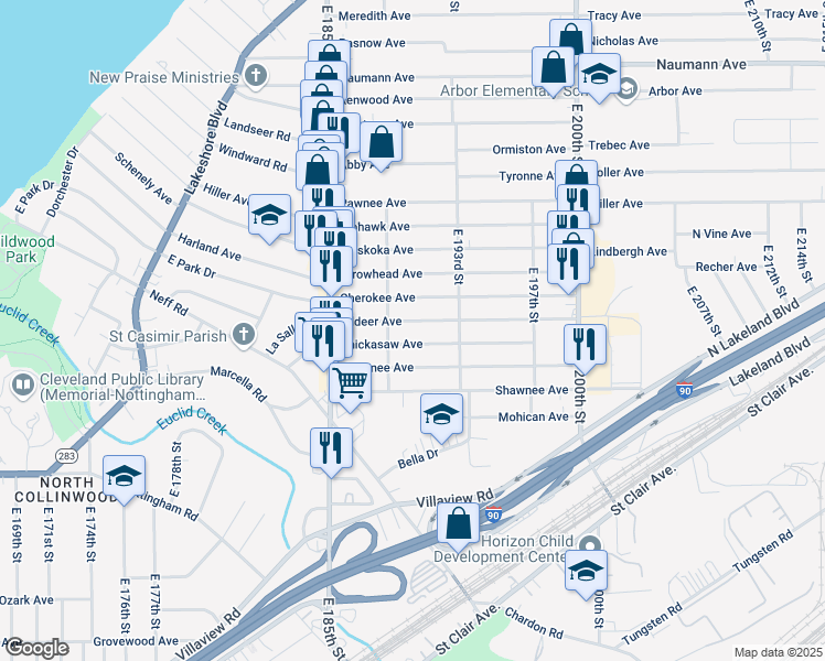 map of restaurants, bars, coffee shops, grocery stores, and more near 19014 Chickasaw Avenue in Cleveland