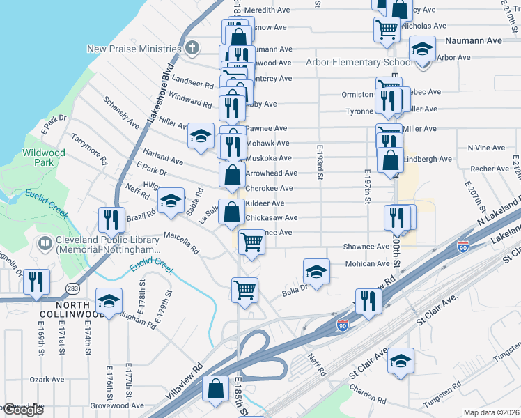 map of restaurants, bars, coffee shops, grocery stores, and more near 18601 Chickasaw Avenue in Cleveland