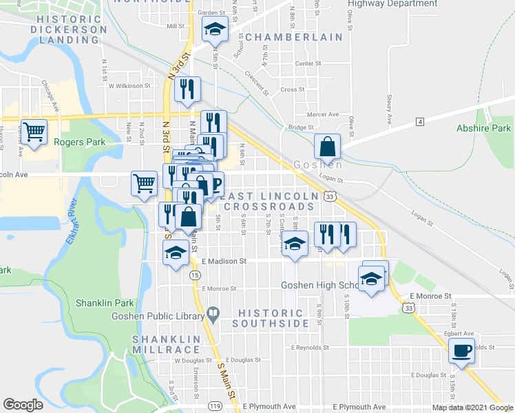 map of restaurants, bars, coffee shops, grocery stores, and more near 211 South 7th Street in Goshen