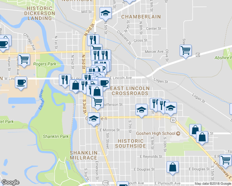 map of restaurants, bars, coffee shops, grocery stores, and more near 211 South 6th Street in Goshen
