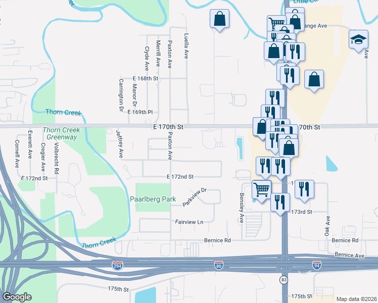 map of restaurants, bars, coffee shops, grocery stores, and more near 2042 East 171st Place in South Holland