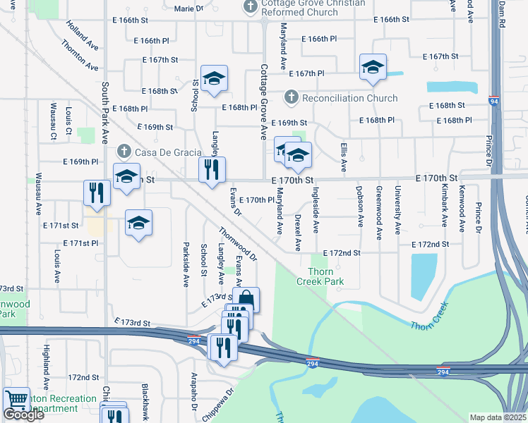 map of restaurants, bars, coffee shops, grocery stores, and more near 17100 Maryland Avenue in South Holland