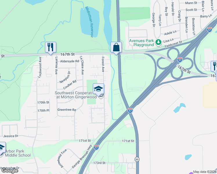 map of restaurants, bars, coffee shops, grocery stores, and more near 16855 Forest Avenue in Oak Forest
