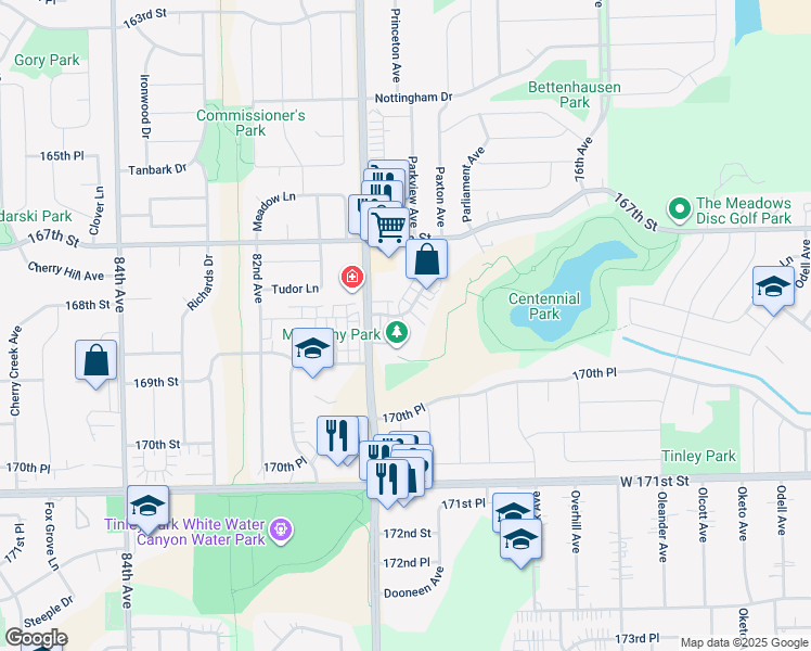map of restaurants, bars, coffee shops, grocery stores, and more near 7919 Paxton Avenue in Tinley Park