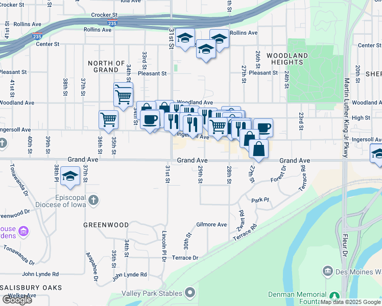 map of restaurants, bars, coffee shops, grocery stores, and more near 2901 Grand Avenue in Des Moines
