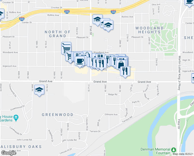 map of restaurants, bars, coffee shops, grocery stores, and more near 3009 Grand Avenue in Des Moines
