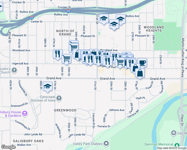 map of restaurants, bars, coffee shops, grocery stores, and more near 3103 Grand Avenue in Des Moines