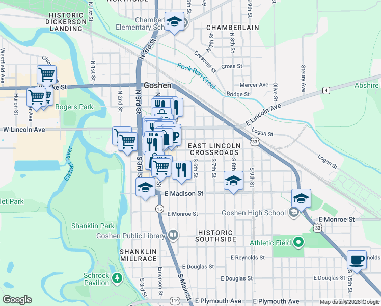 map of restaurants, bars, coffee shops, grocery stores, and more near 203 South 6th Street in Goshen