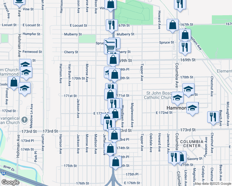 map of restaurants, bars, coffee shops, grocery stores, and more near 7103 Calumet Ave in Hammond