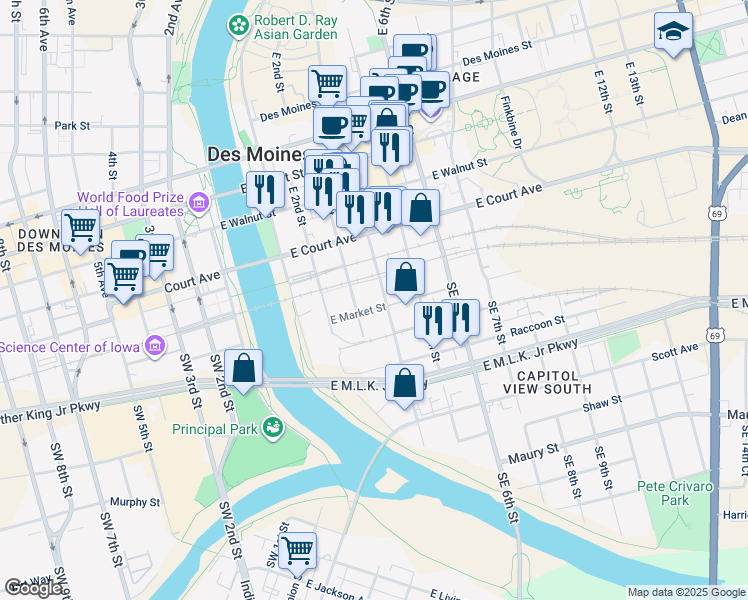 map of restaurants, bars, coffee shops, grocery stores, and more near 119 Southeast 3rd Street in Des Moines