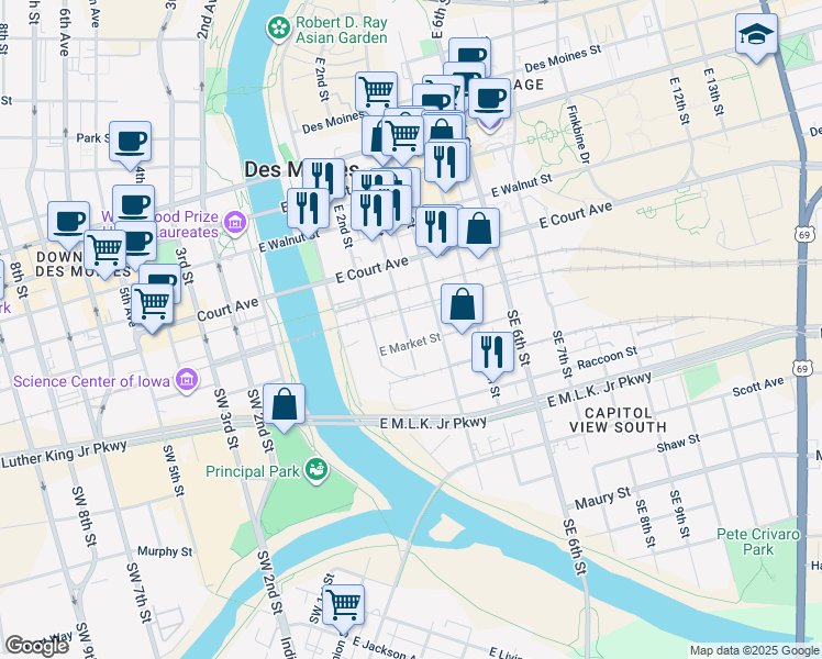map of restaurants, bars, coffee shops, grocery stores, and more near 119 Southeast 3rd Street in Des Moines