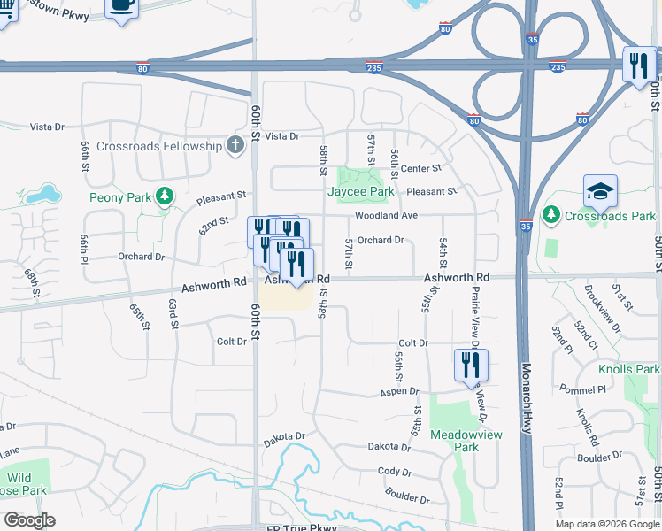 map of restaurants, bars, coffee shops, grocery stores, and more near 1000 58th Street in West Des Moines