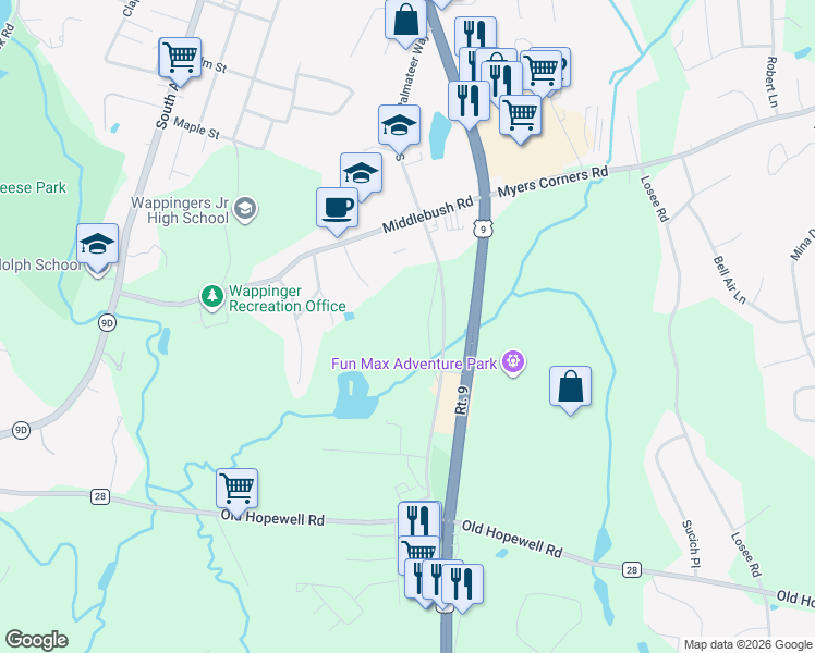 map of restaurants, bars, coffee shops, grocery stores, and more near 566 Old State Road East in Wappingers Falls